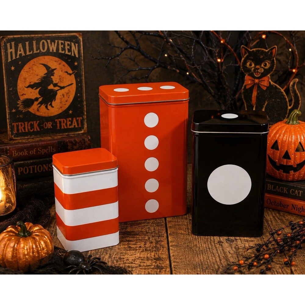 Vintage IKEA Metal Tins Set of 3 Orange Black Retro Halloween Kitchen Decor Set